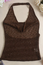 Sheer Sparkling Deep V Cowl Neck Halter Tank Top