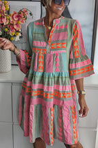 Geometric Print Bell Sleeve Tiered Smock Babydoll Mini Dress