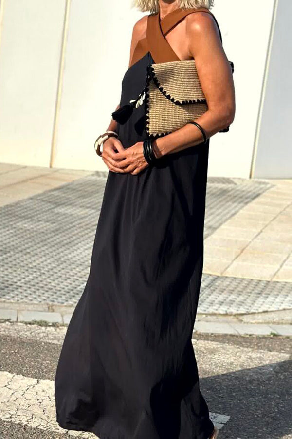 Halter Neck Mesh Illusion Panel Flowy Maxi Dress