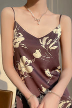 Satin Floral Print V-Neck Spaghetti Strap Slip Maxi Dress