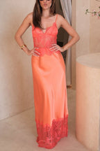 Fashionable Satin Lace Patchwork Sheer V-neck Elegant Slim-fit Maxi Dress