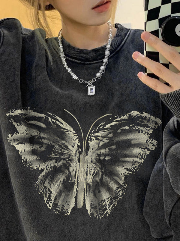 Distressed Butterfly Print Sweatshirt