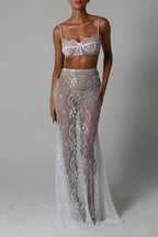 Stylish Lace Camisole Bra Top and Vacation See-through Maxi Fishtail Skirt Set
