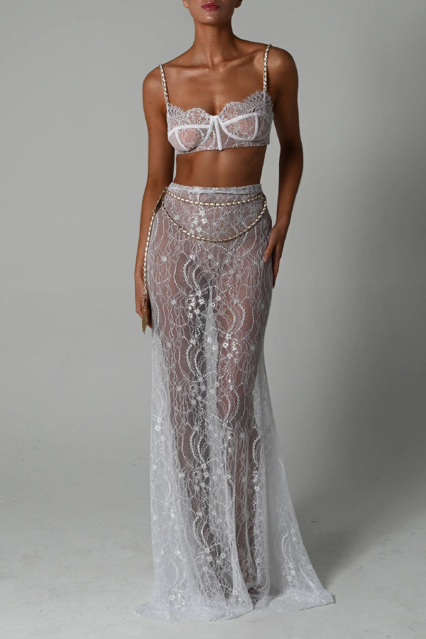 Stylish Lace Camisole Bra Top and Vacation See-through Maxi Fishtail Skirt Set