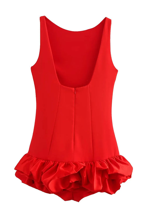 High Neck Sleeveless Sculpted Ruffle Bubble Hem Mini Dress
