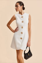 Scalloped Wave Button Front Sleeveless Round Neck A-Line Mini Dress