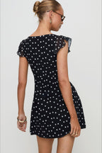 Polka Dot Ruffle V-Neck Cap Sleeve Fit and Flare Mini Dress