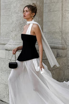 Strapless Asymmetrical Bodice Sheer Tiered Maxi Gown With Neck Sash