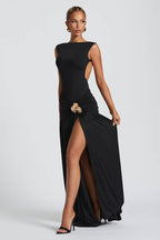 Sleeveless Backless Ruched Waist Brooch Detail Bodycon Maxi Dress