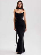 Strapless Corset And Mesh Maxi Skirt And Neck Scarf Party 3 Piece Co-ord Set For Women 2026