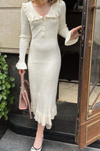 Ribbed Knit Ruffle Collar Pearl Button Bell Cuff Midi Sweater Dress