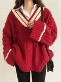Contrast Color V Neck Cable Knit Sweater