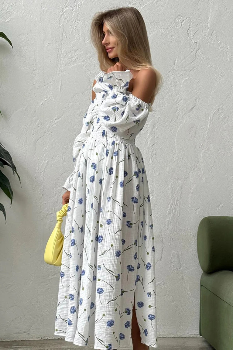 Floral Print Off Shoulder Smocked Puff Sleeve High Split Maxi Dress