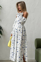 Floral Print Off Shoulder Smocked Puff Sleeve High Split Maxi Dress