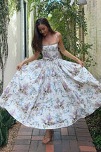 Square Neck Corset Bodice Dropped Waist Floral Ribbon Print Maxi Dress