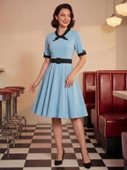 Vintage Dress 1950s Yellow Two-Tone Bows Short Sleeves Embellished Collar Medium Swing Dress