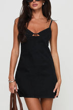 Spaghetti Strap V-Neck Center Cut Out Contrast Stitch Denim Mini Dress