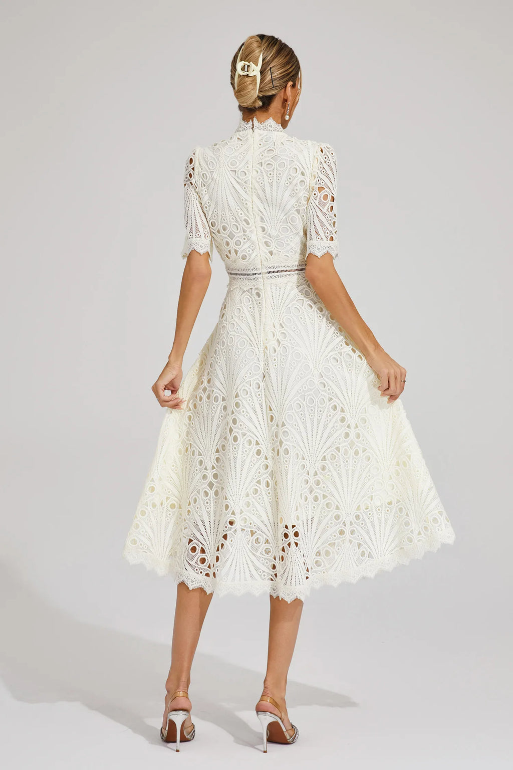 Guipure Lace Mock Neck Puff Sleeve Scalloped Hem A-Line Midi Dress