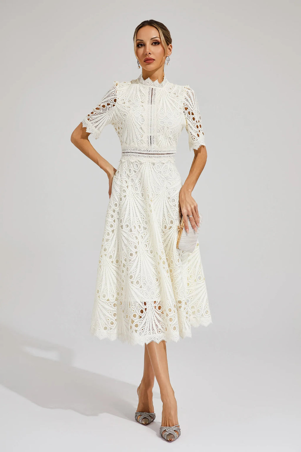 Guipure Lace Mock Neck Puff Sleeve Scalloped Hem A-Line Midi Dress