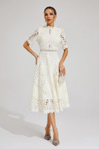 Guipure Lace Mock Neck Puff Sleeve Scalloped Hem A-Line Midi Dress