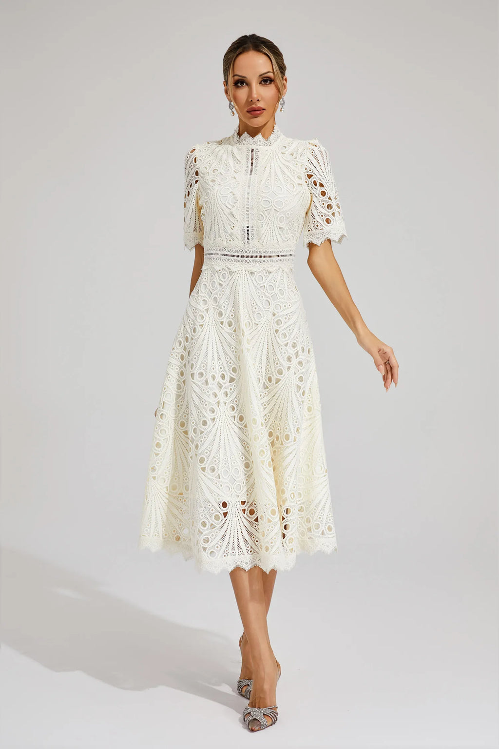 Guipure Lace Mock Neck Puff Sleeve Scalloped Hem A-Line Midi Dress
