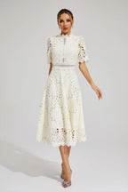 Guipure Lace Mock Neck Puff Sleeve Scalloped Hem A-Line Midi Dress