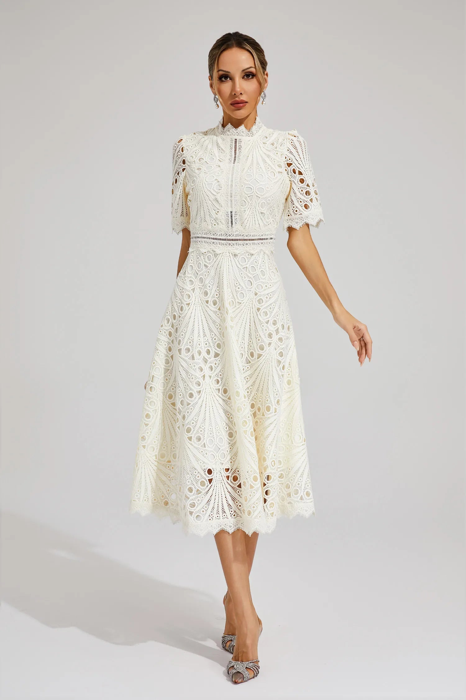Guipure Lace Mock Neck Puff Sleeve Scalloped Hem A-Line Midi Dress