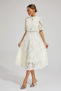 Guipure Lace Mock Neck Puff Sleeve Scalloped Hem A-Line Midi Dress