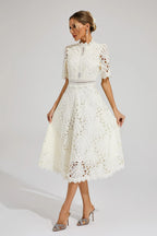 Guipure Lace Mock Neck Puff Sleeve Scalloped Hem A-Line Midi Dress