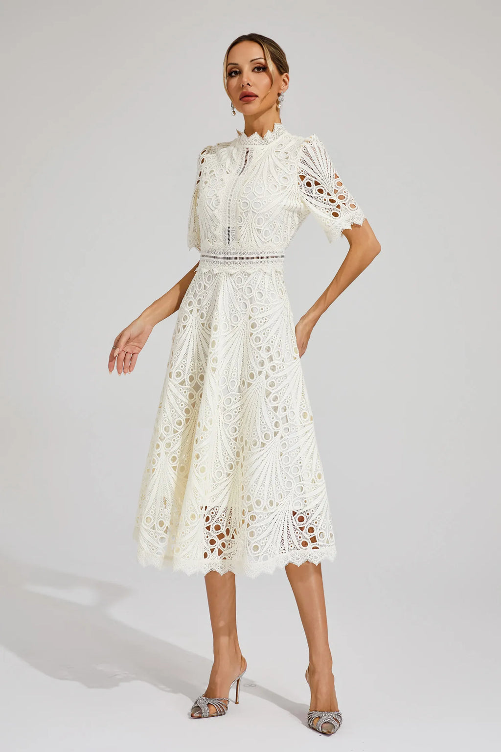 Guipure Lace Mock Neck Puff Sleeve Scalloped Hem A-Line Midi Dress