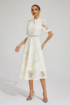 Guipure Lace Mock Neck Puff Sleeve Scalloped Hem A-Line Midi Dress