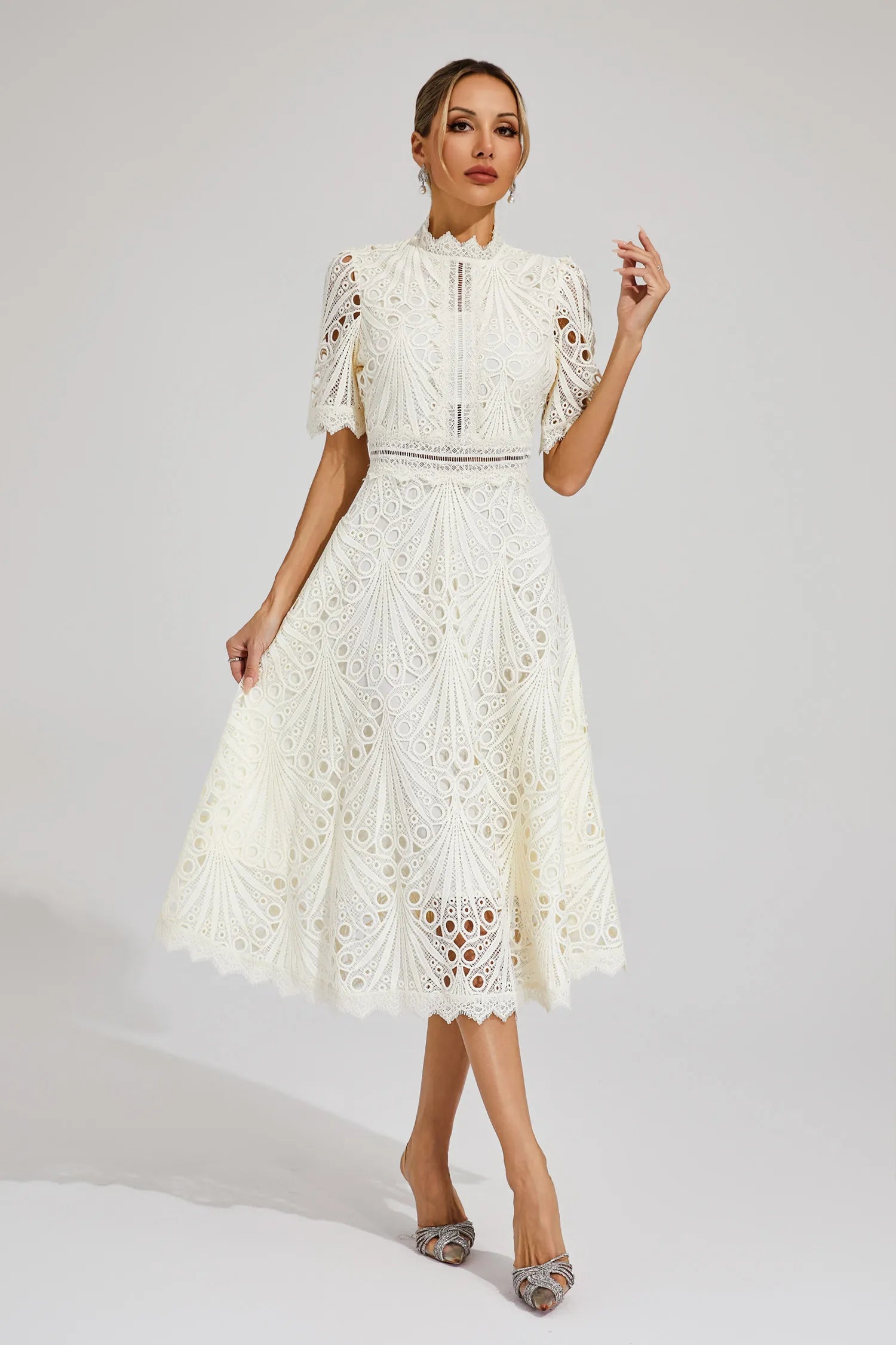 Guipure Lace Mock Neck Puff Sleeve Scalloped Hem A-Line Midi Dress