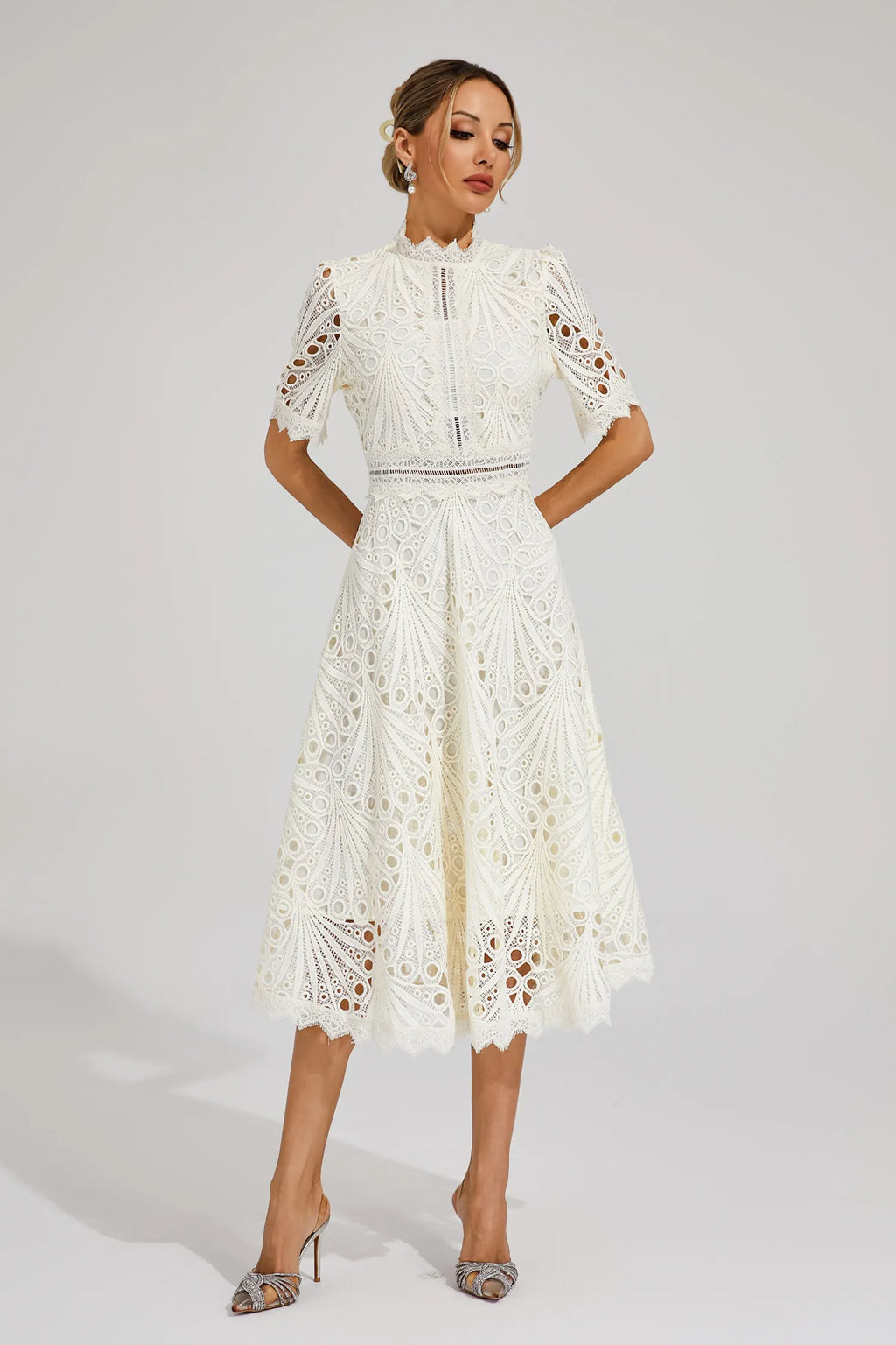 Guipure Lace Mock Neck Puff Sleeve Scalloped Hem A-Line Midi Dress