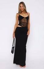 Ruched Mesh Spaghetti Strap Waist Cutout Bodycon Maxi Dress