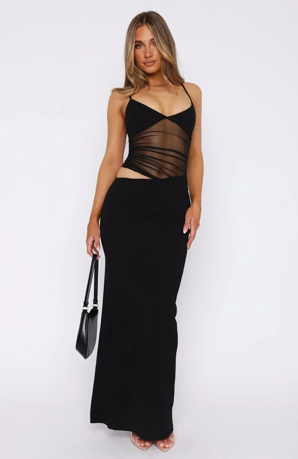 Ruched Mesh Spaghetti Strap Waist Cutout Bodycon Maxi Dress