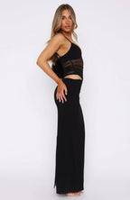 Ruched Mesh Spaghetti Strap Waist Cutout Bodycon Maxi Dress