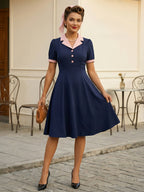 Retro Contrast Lapel Button Up Fit And Flare Midi Dress For Women 2026