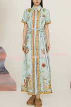 Deep Sea Dreaming Linen Blend Unique Print Short Sleeve Tie-up Shirt Maxi Dress