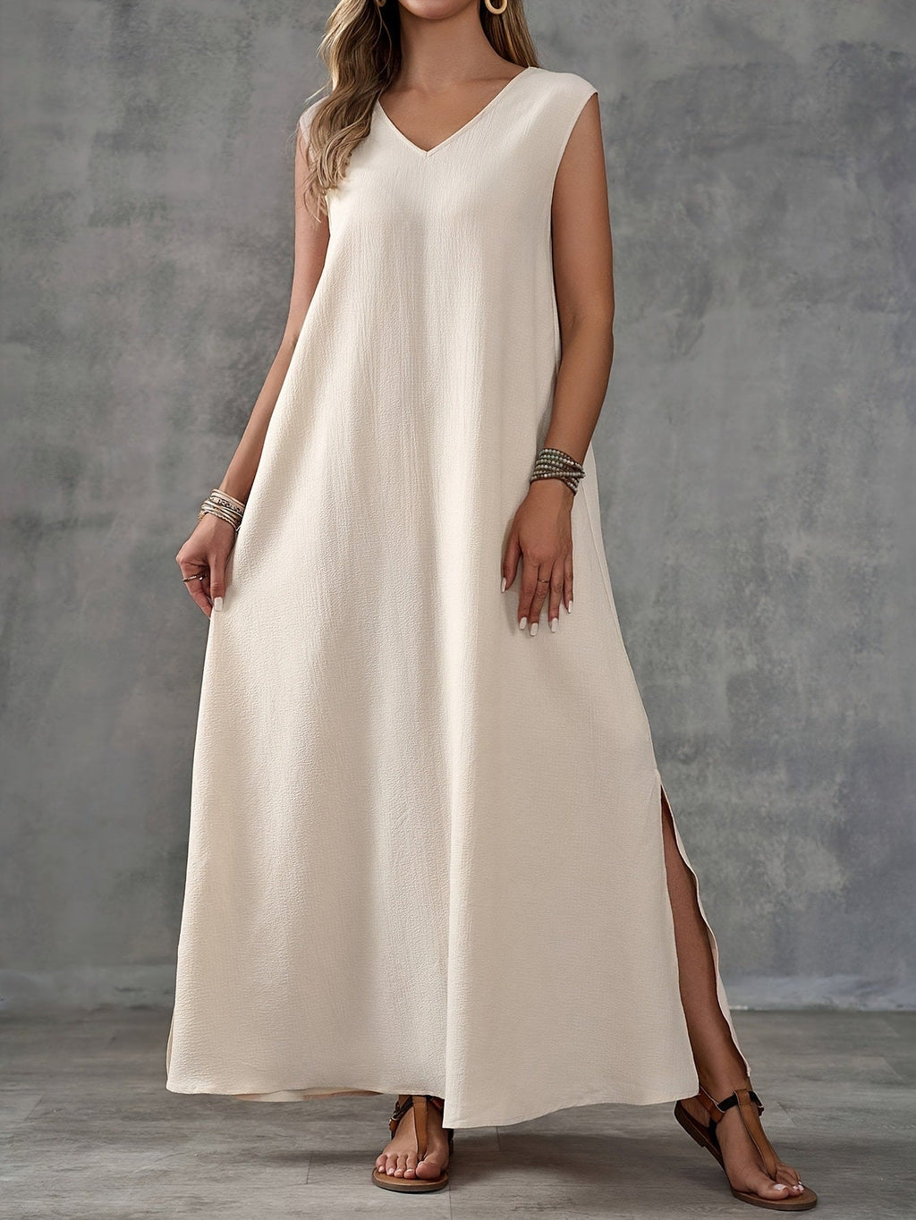 Women's V-Neck Sleeveless Solid Color Casual Loose Elegant Dress