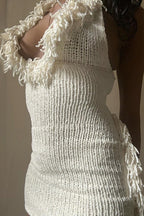 Knit Halter Neck Deep V-Neck Fringe Trim Bodycon Mini Dress