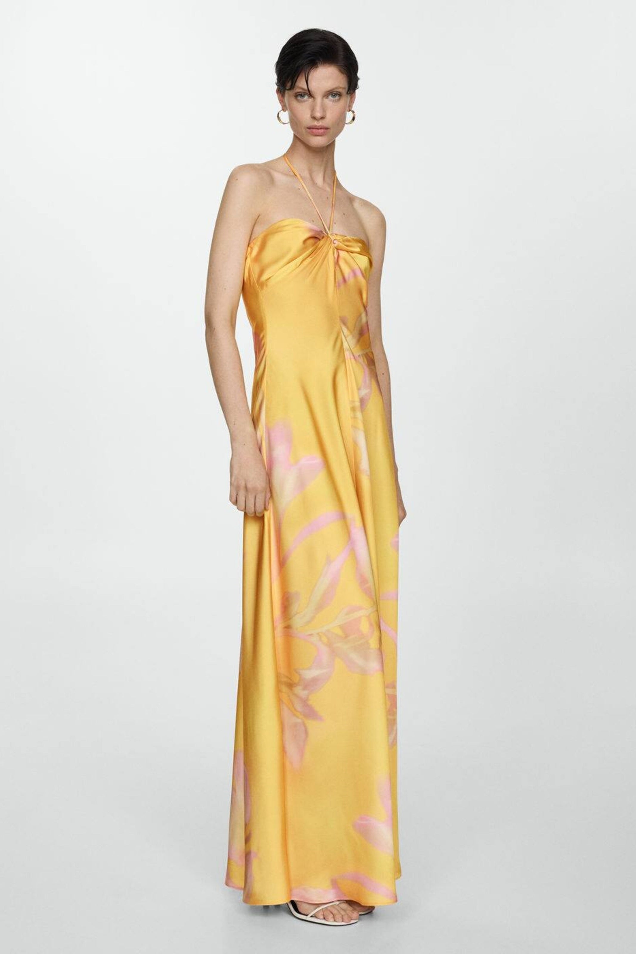 Halter Twist Knot Spaghetti Tie Floral Print Satin Maxi Gown