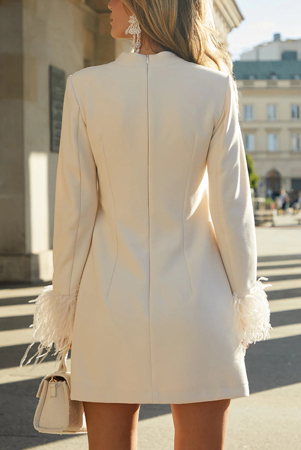 Mock Neck Long Sleeve Feather Cuff Shift Mini Dress