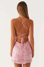 Floral Embroidered Beaded Mesh Spaghetti Strap Sweetheart Bodycon Mini Dress