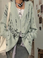 Print V Neck Zip Up Loose Cardigan