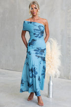 Floral Print One-Shoulder Ruched Maxi Dress