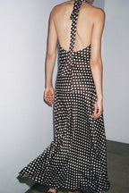 Polka Dot Halter Neck Deep V-Neck Maxi Dress