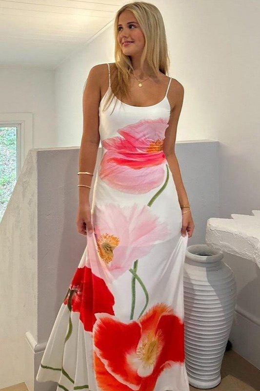 Spaghetti Strap Scoop Neck Oversized Floral Placement Print Maxi Dress