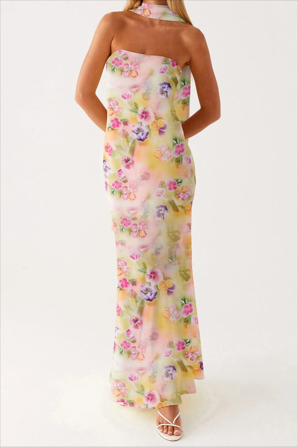 Floral Print Strapless Bodycon Maxi Dress with Matching Scarf