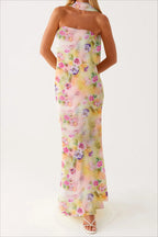 Floral Print Strapless Bodycon Maxi Dress with Matching Scarf