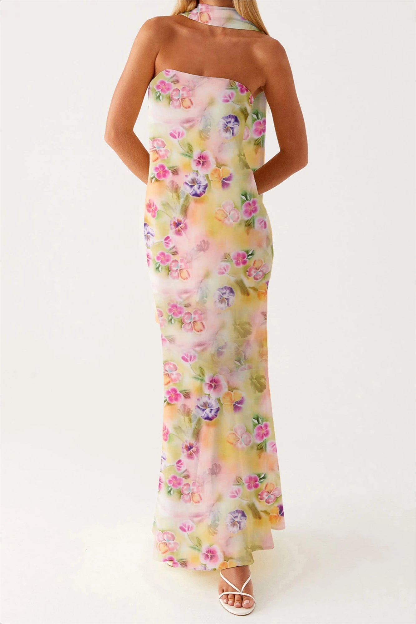 Floral Print Strapless Bodycon Maxi Dress with Matching Scarf
